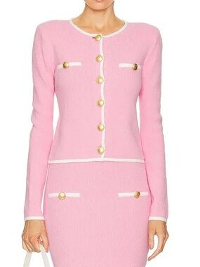 L’Academie Pink Bouclé Millie Button Front Cardigan with Ivory Trim